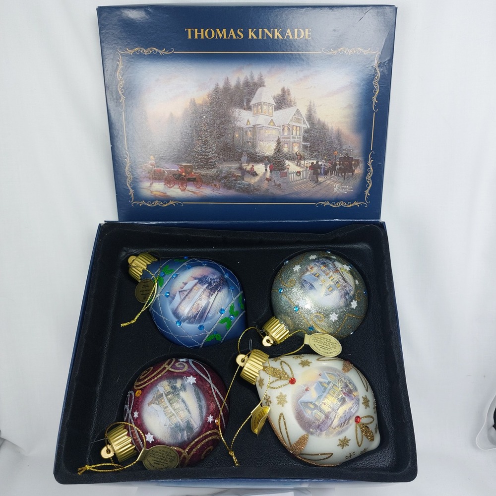Thomas‎ Kincade "Glow Of The Holidays" Luminary Glass Ornaments Set Of 4 New